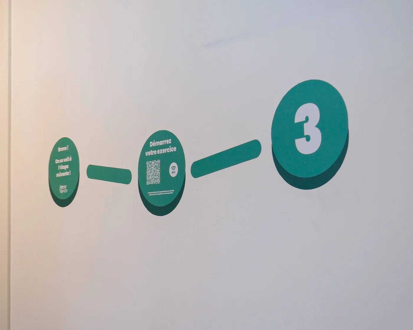 Sur le mur d'un client, le parcours Recov'Up : l'étape 3, le sticker « Démarrez votre exercice » avec QR code et puce NFC, puis le message de fin.