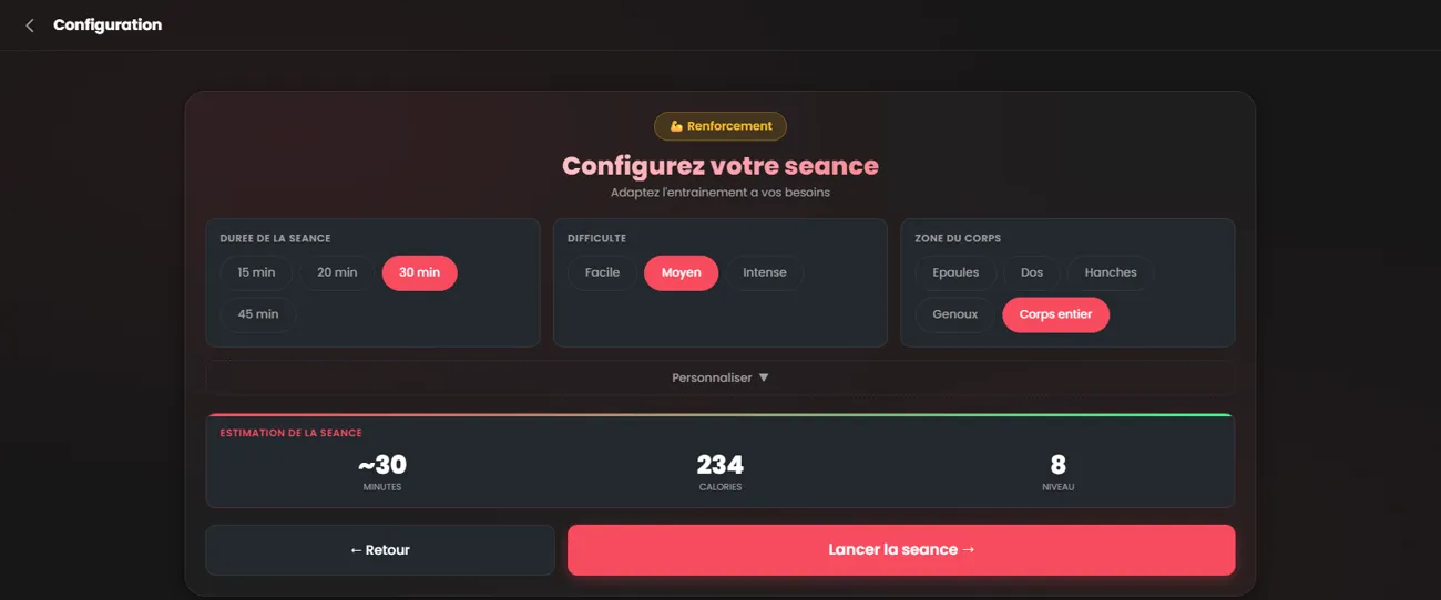 L'écran de configuration : durée, difficulté et zone du corps avant de lancer la séance.